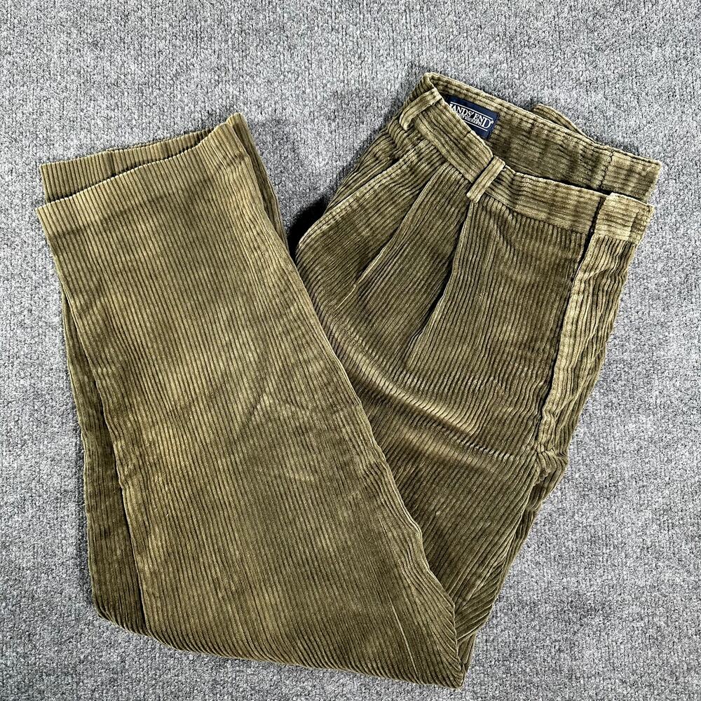 Vintage Lands' End Corduroy Pleated Pants Mens 32x32 Olive Green Made USA